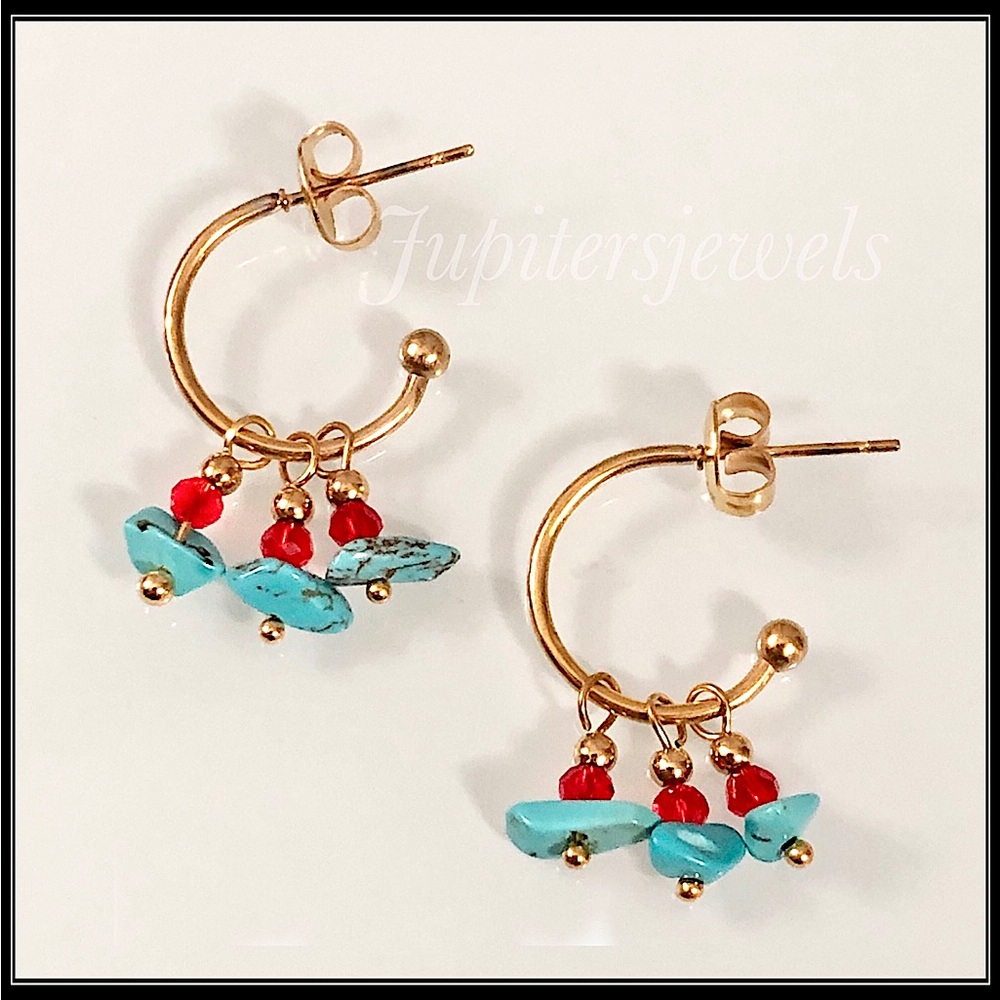 Clearance! New Gold Boho Simulated Turquoise and Garnet Bead Stone Hoop Earrings